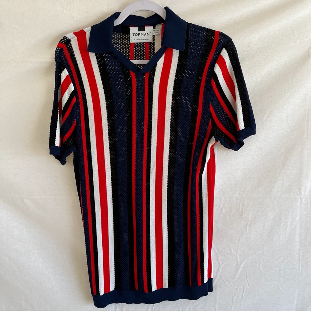 Topman Collared Mesh Knit Red, White and Blue Polo Short Sleeve Shirt Size Small